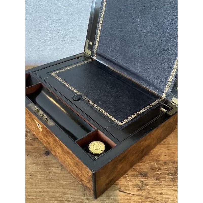 Vintage Brass Inlay Burl Wood Traveling Writing Desk Box - Detail view