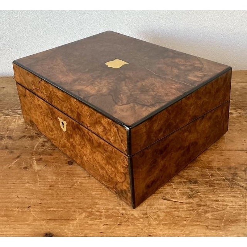 Vintage Brass Inlay Burl Wood Traveling Writing Desk Box - Side view