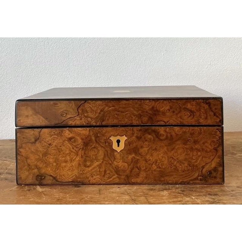 Vintage Brass Inlay Burl Wood Traveling Writing Desk Box - Back view