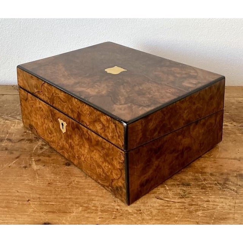Vintage Brass Inlay Burl Wood Traveling Writing Desk Box - Top view