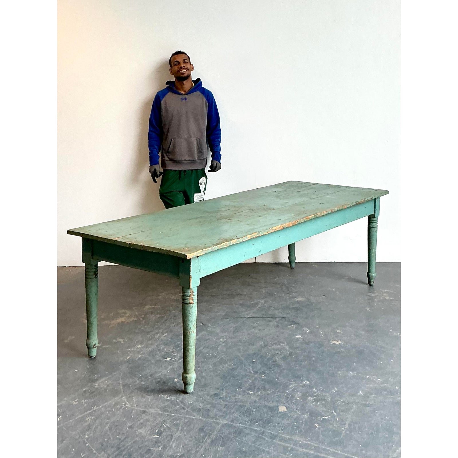 Vintage Patinated Painted Farm Table - Side view