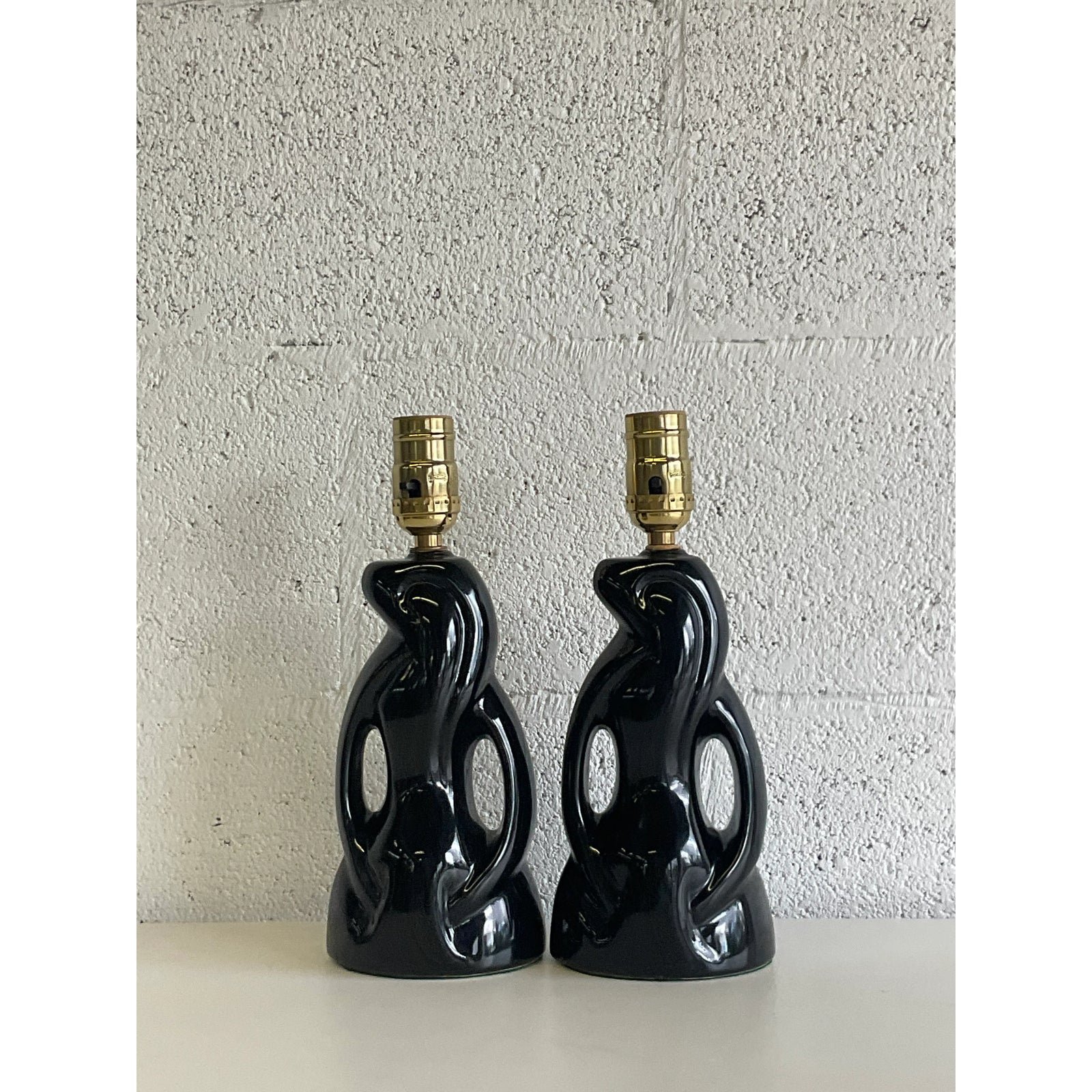 Midcentury Abstract Black Glazed Ceramic Boudoir Lamps - a Pair - Detail view