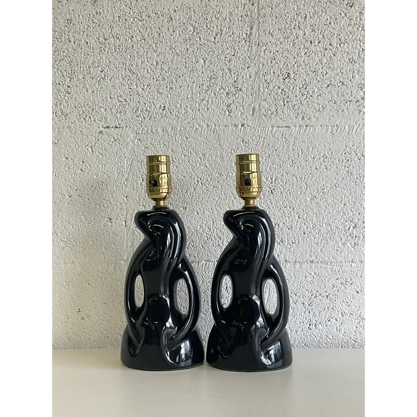 Midcentury Abstract Black Glazed Ceramic Boudoir Lamps - a Pair - Side view