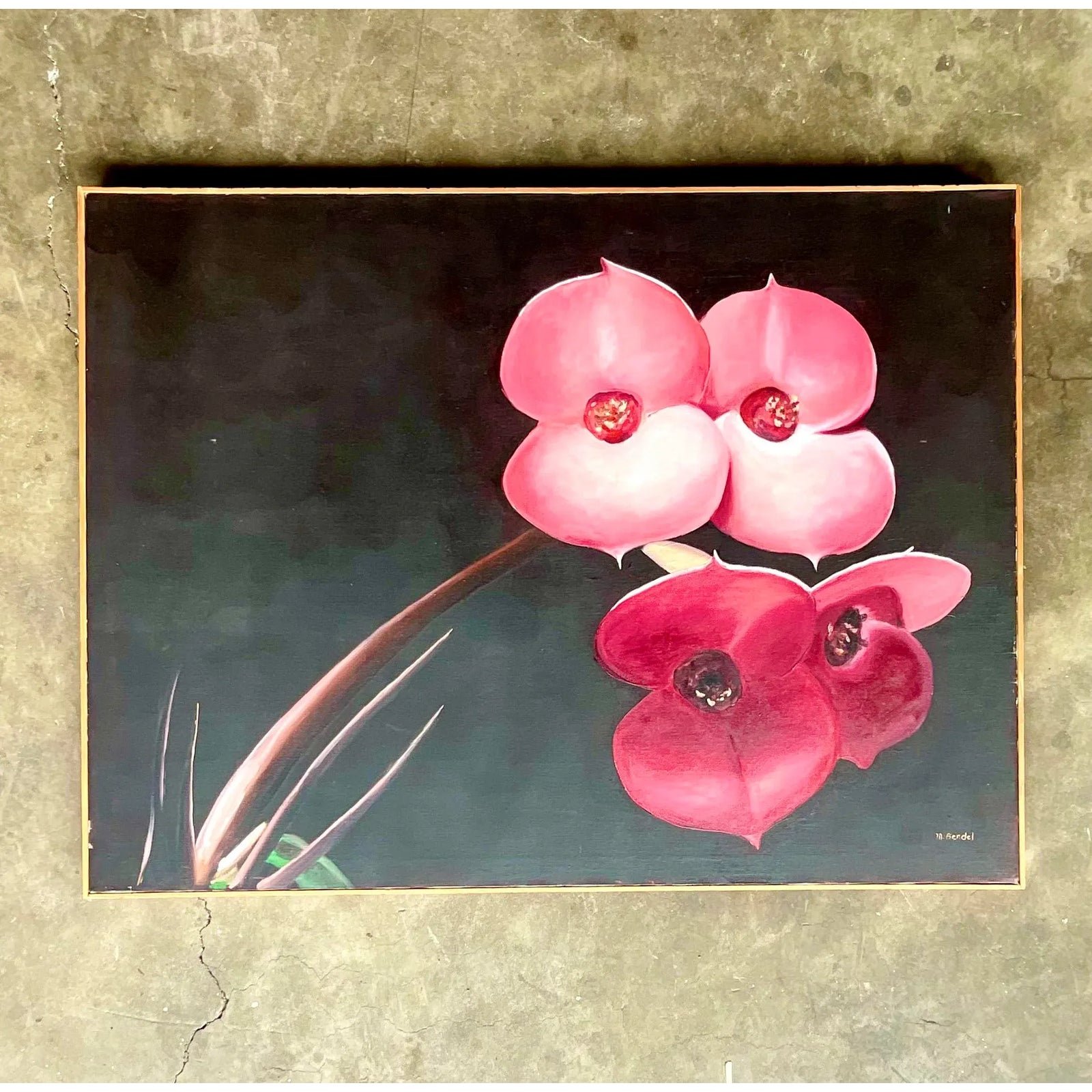 Vintage Boho Op Signed Original Oil Painting of Orchid Blooms - Detail view