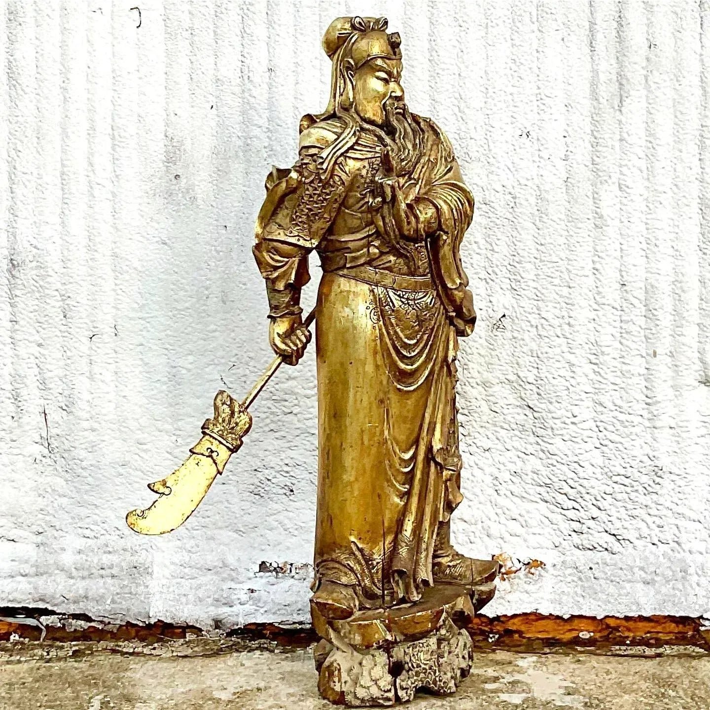 Monumental Vintage Asian Hand Carved Golden Warrior - Side view