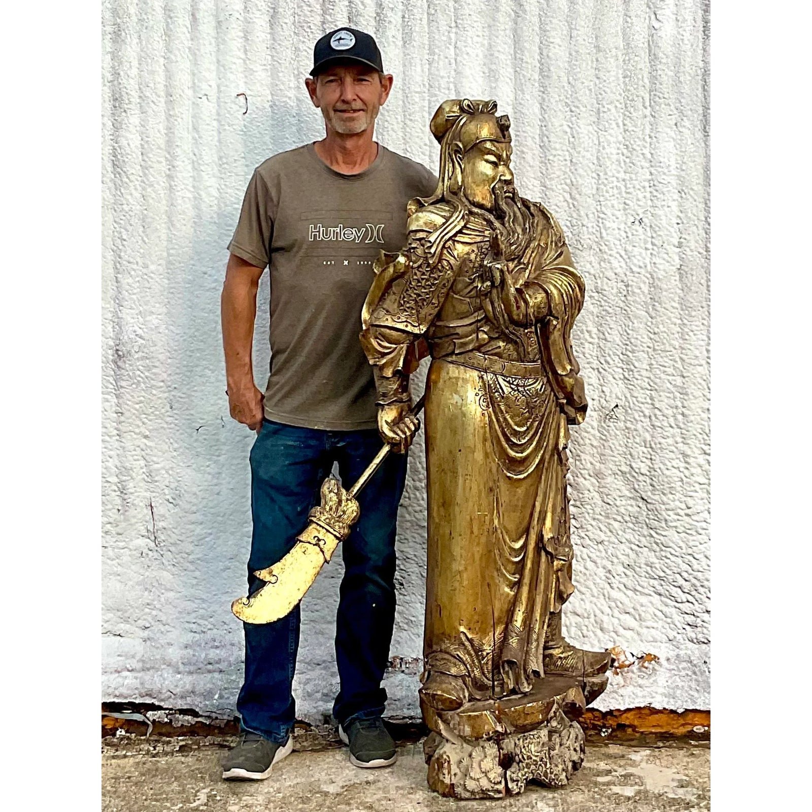 Monumental Vintage Asian Hand Carved Golden Warrior - Back view