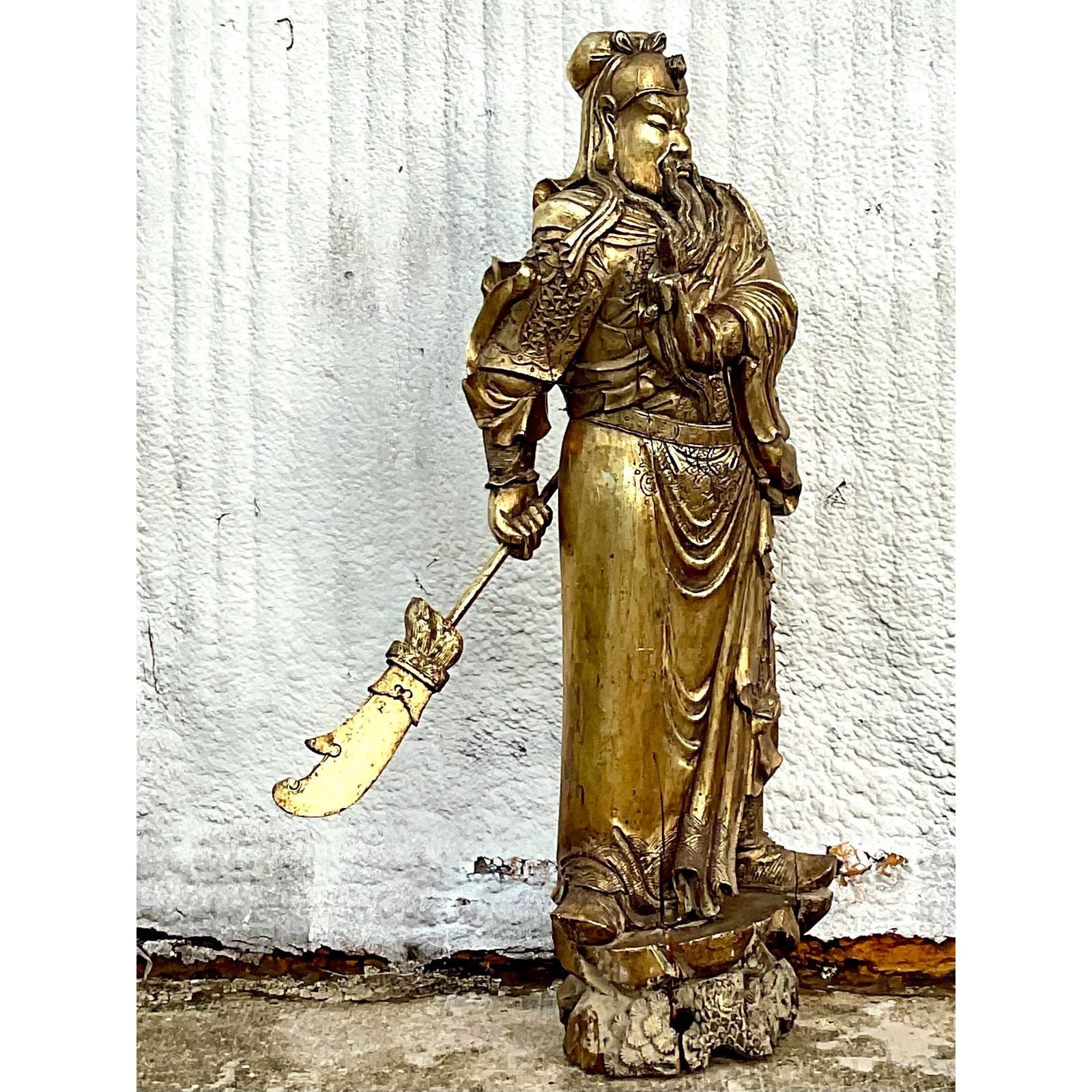 Monumental Vintage Asian Hand Carved Golden Warrior - Top view