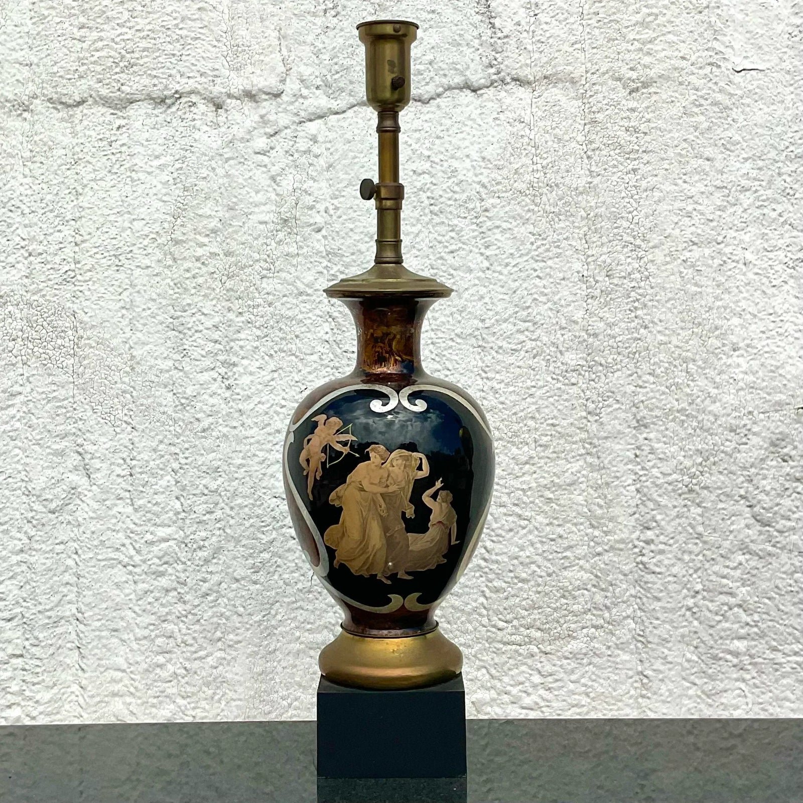 Vintage Regency Italian Reverse Painted Glass Lamp After Fornasetti - Side view