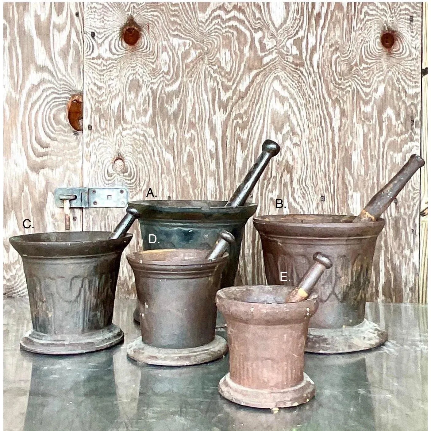 Vintage Boho Apothecary Wrought Iron Mortar and Pestle - Set of 5 - Detail view