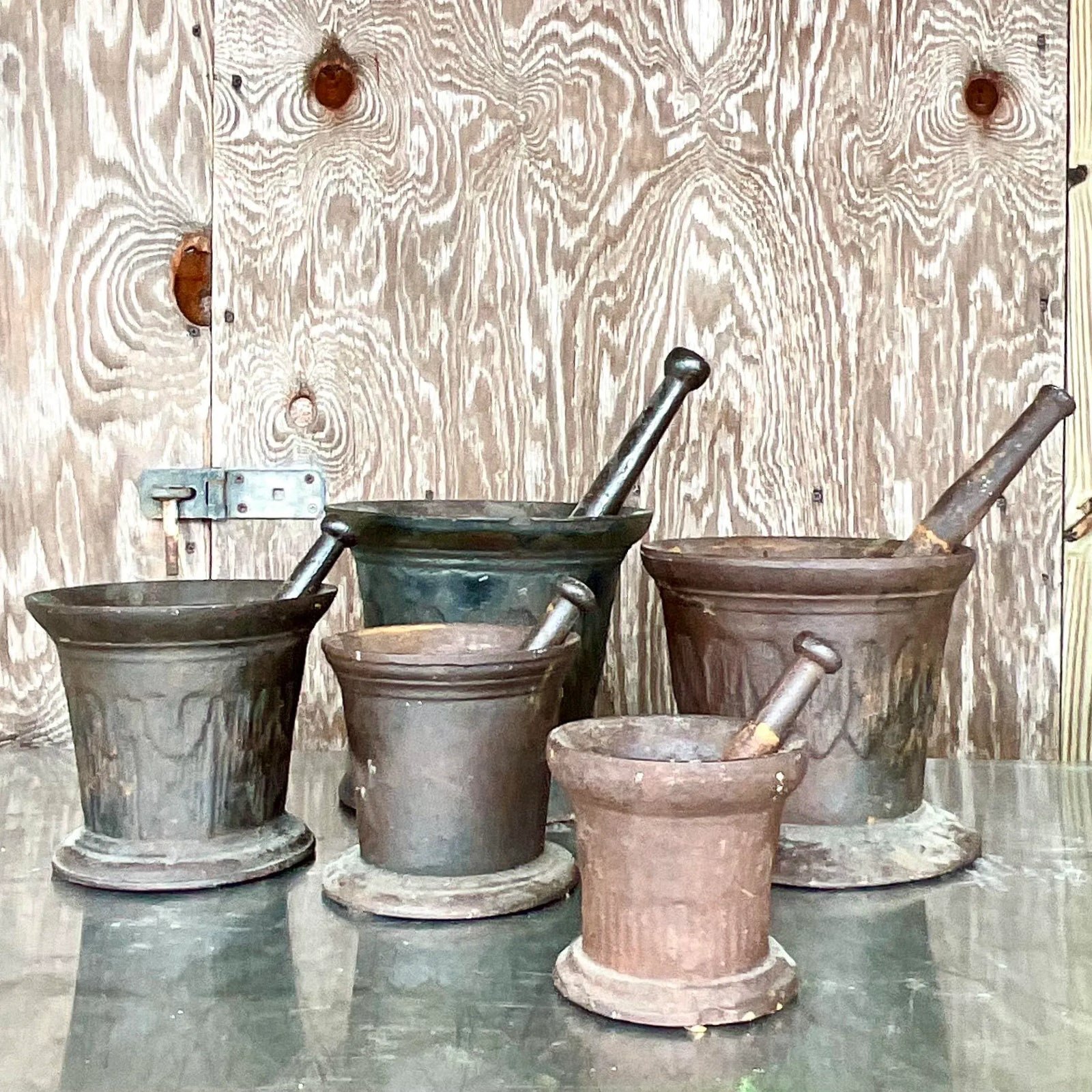 Vintage Boho Apothecary Wrought Iron Mortar and Pestle - Set of 5 - Side view