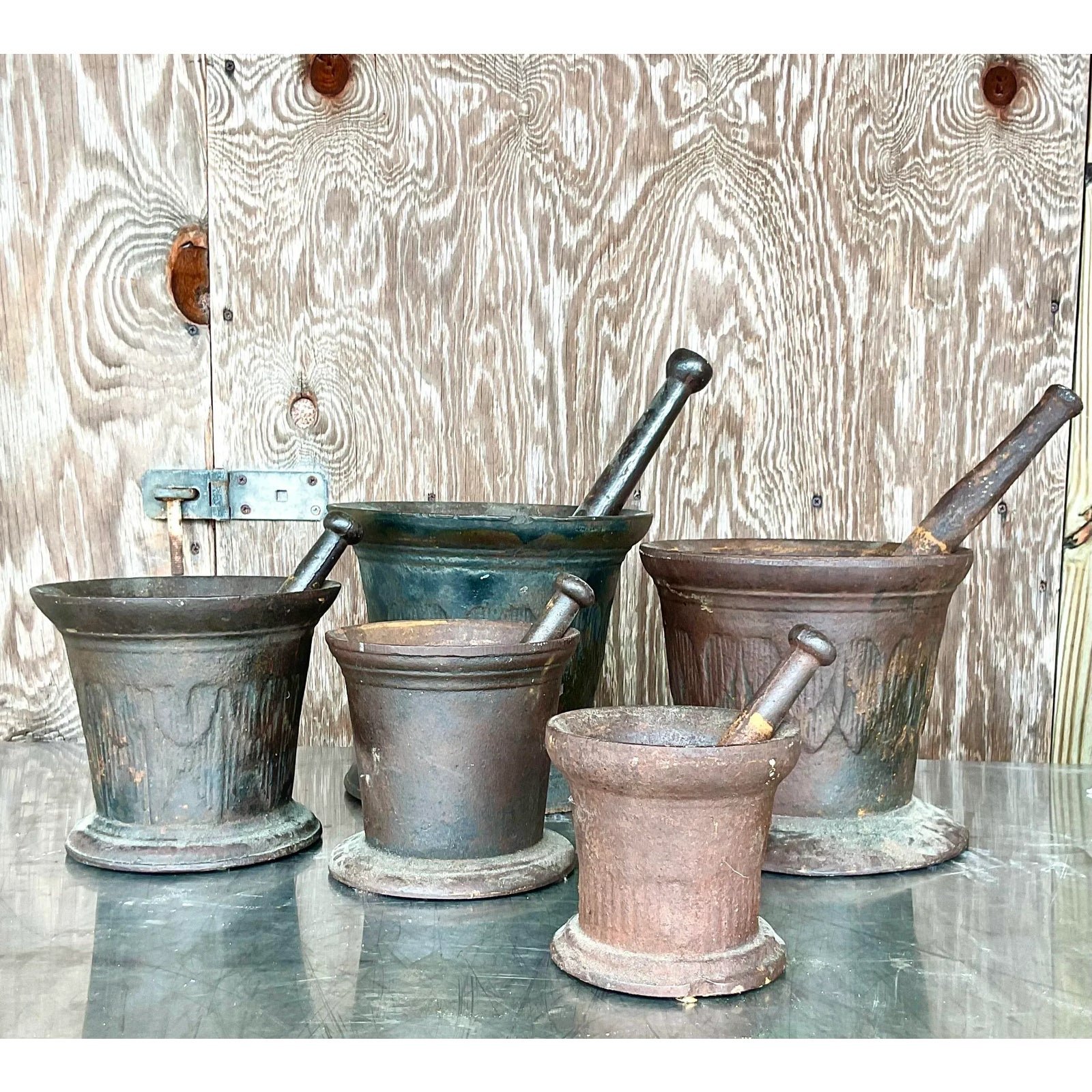 Vintage Boho Apothecary Wrought Iron Mortar and Pestle - Set of 5 - Back view