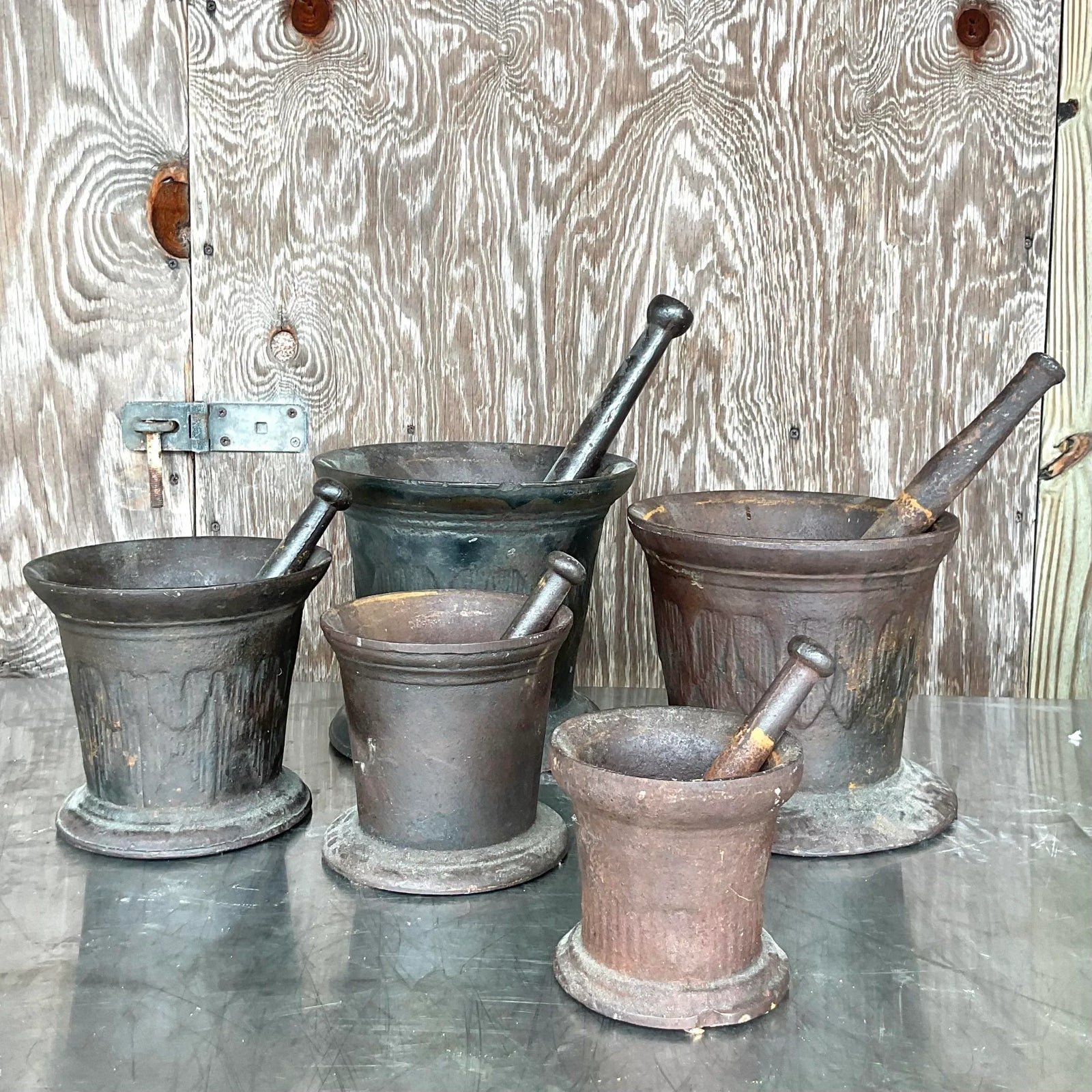 Vintage Boho Apothecary Wrought Iron Mortar and Pestle - Set of 5 - Top view