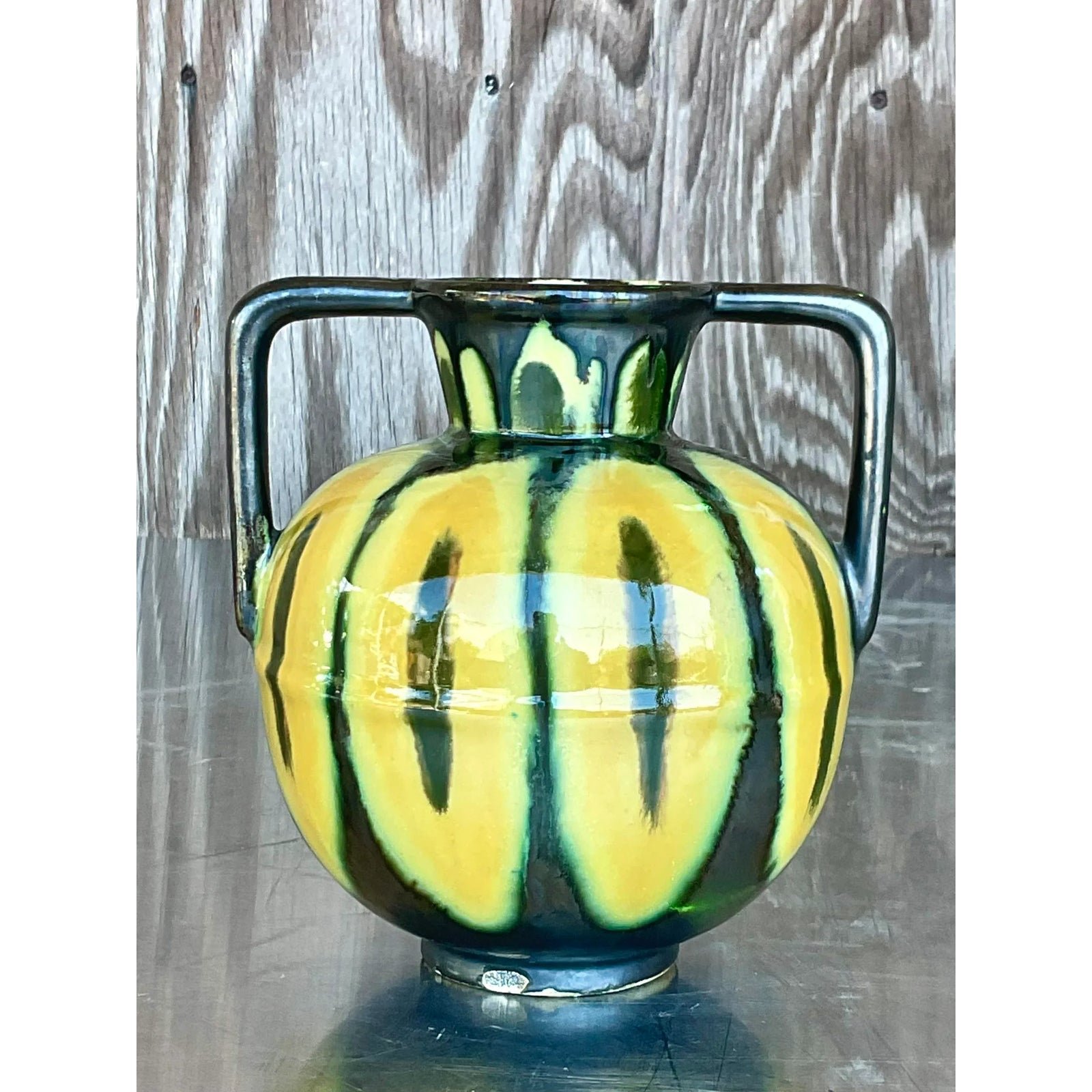 Vintage Boho Signed French Glazed Ceramic Vase - Side view