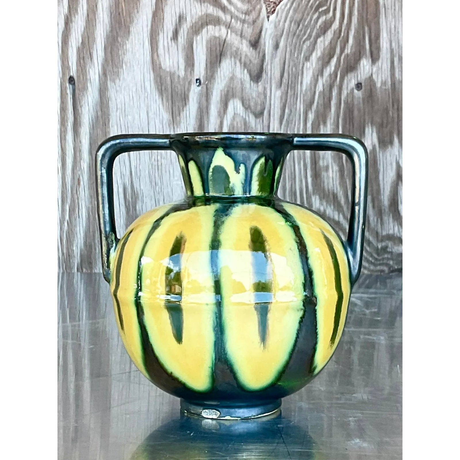 Vintage Boho Signed French Glazed Ceramic Vase - Top view