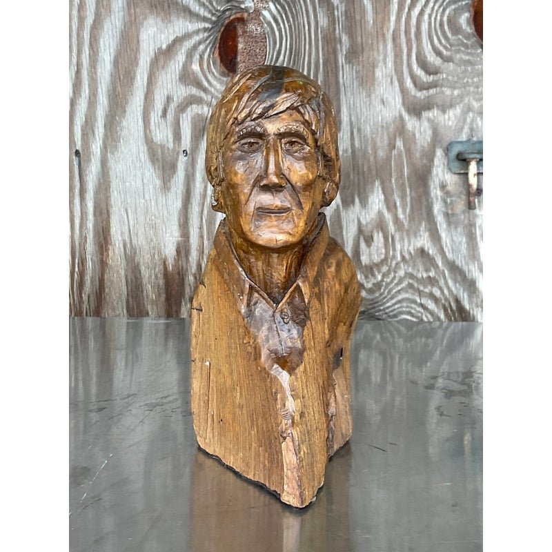 Vintage Boho Hand Carved Sculpture of Man - Back view