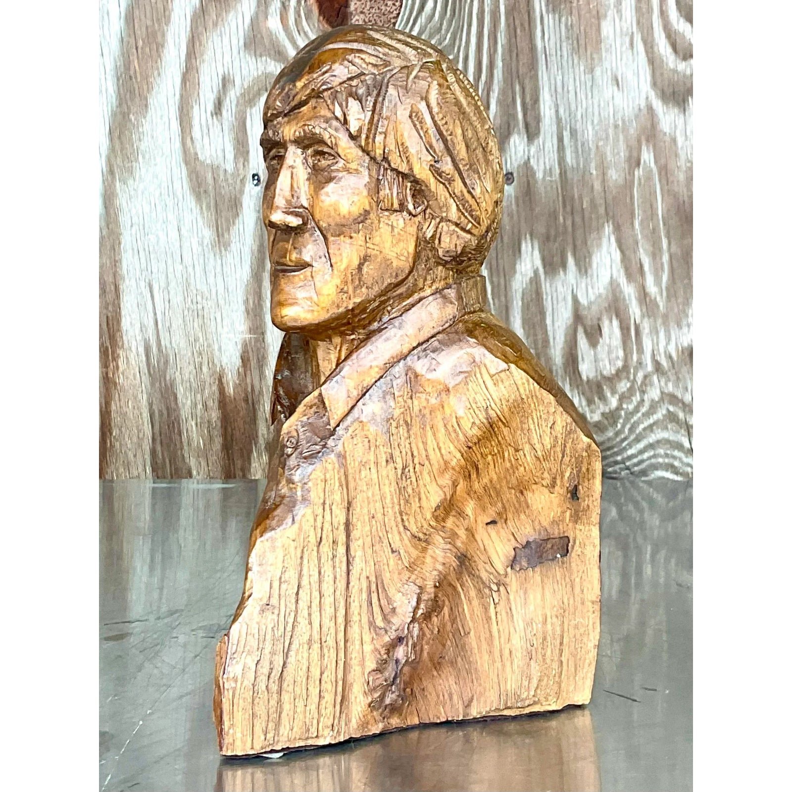 Vintage Boho Hand Carved Sculpture of Man - Top view
