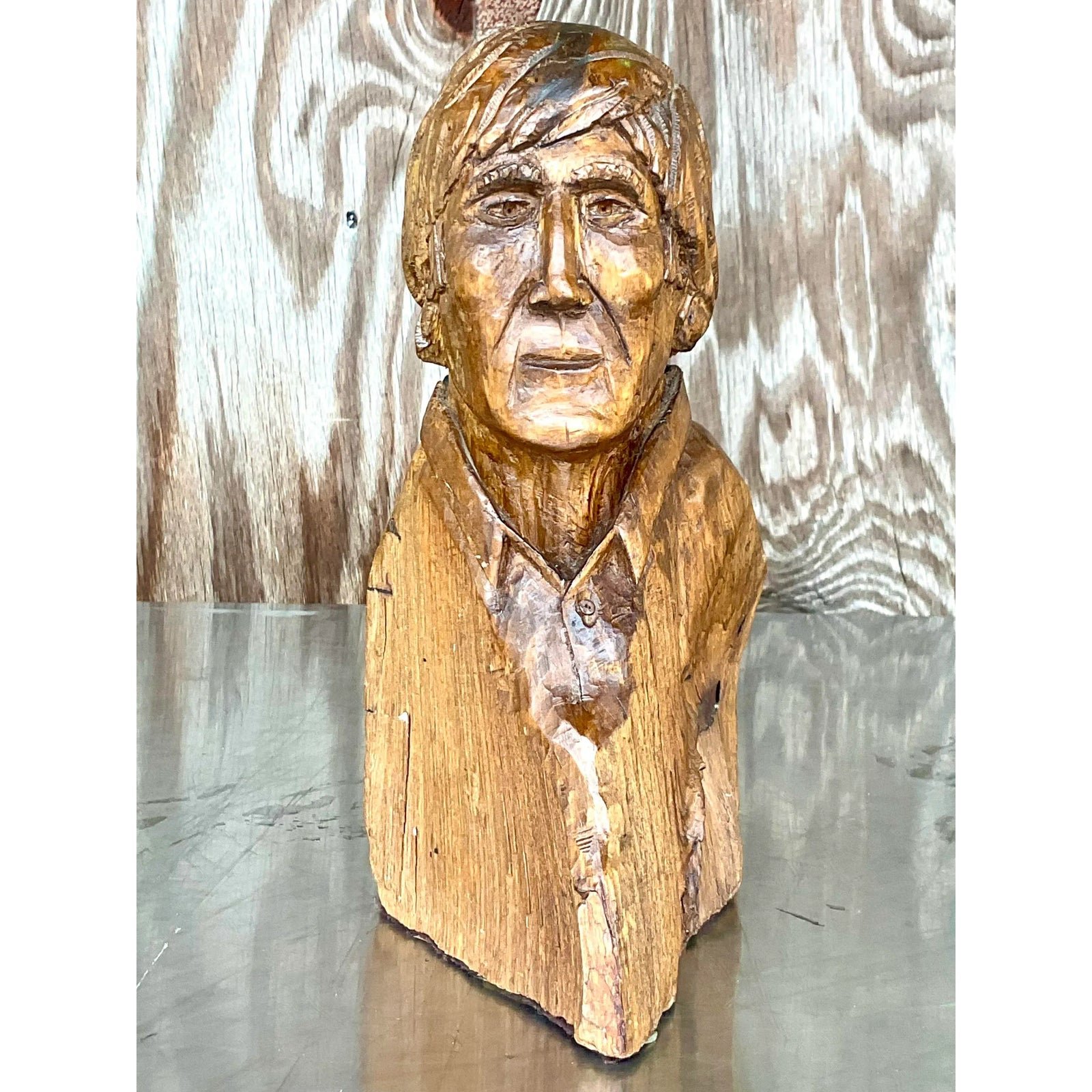 Vintage Boho Hand Carved Sculpture of Man - Side view