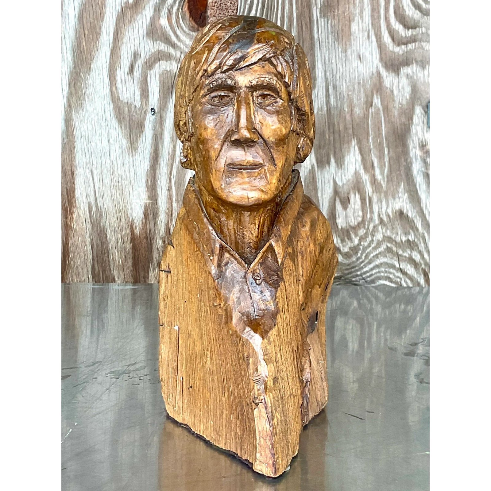 Vintage Boho Hand Carved Sculpture of Man - Detail view
