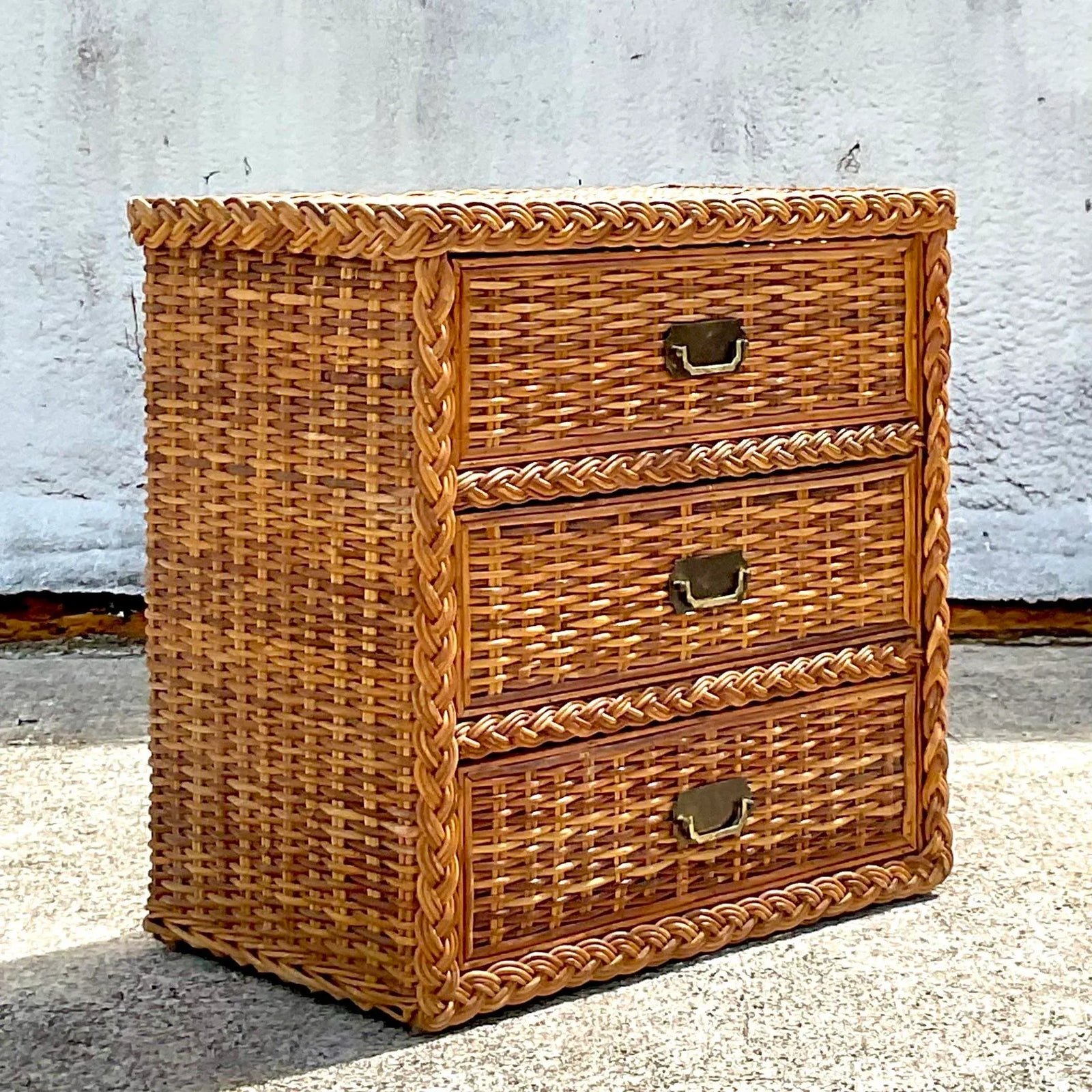 Vintage Coastal Braided Rattan Chest of Drawers - Side view