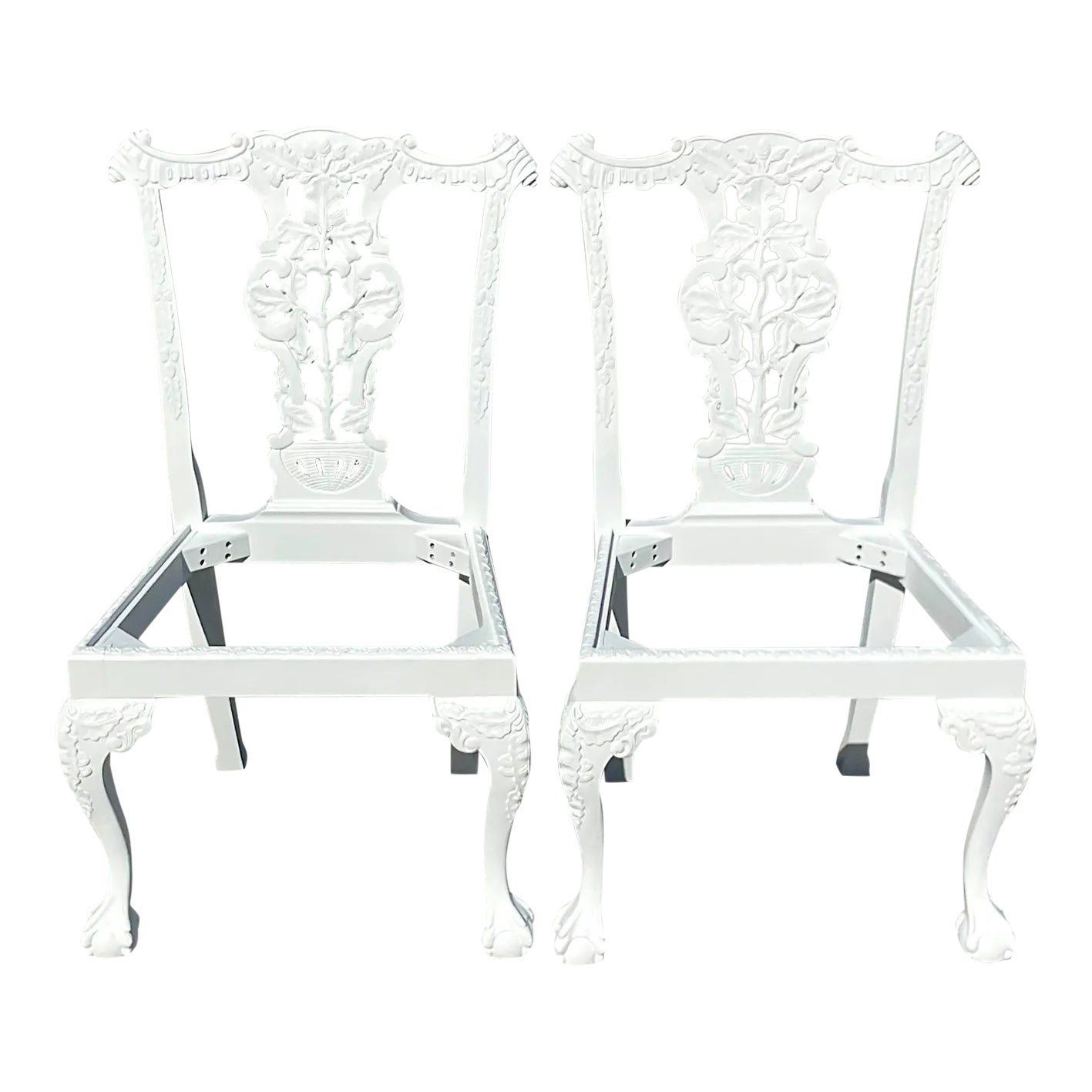 Vintage Regency White Ball and Claw Foot Carved Chippendale Chairs - a Pair