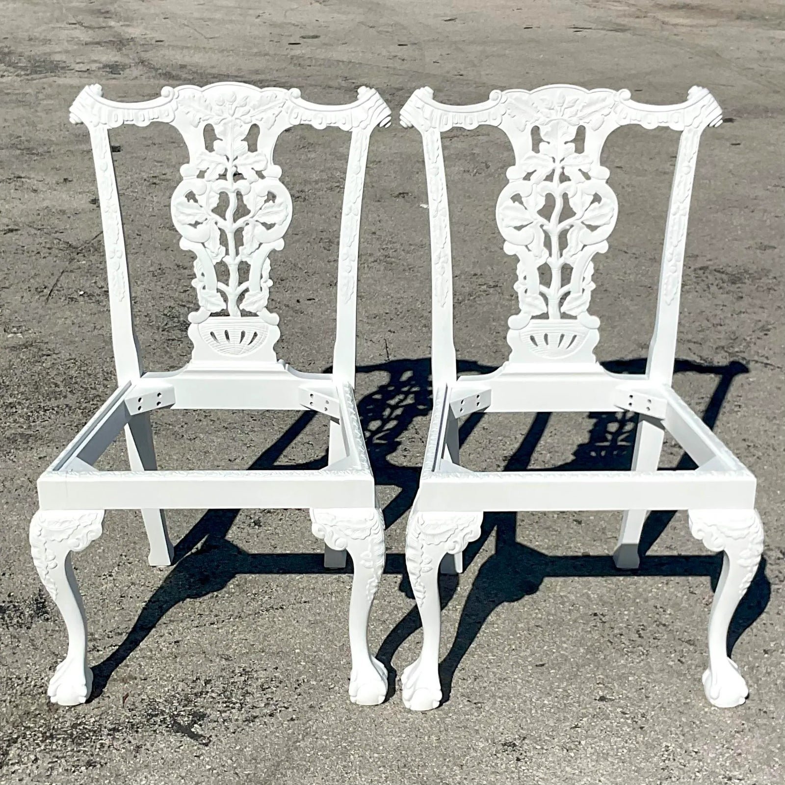 Vintage Regency White Ball and Claw Foot Carved Chippendale Chairs - a Pair - Detail view