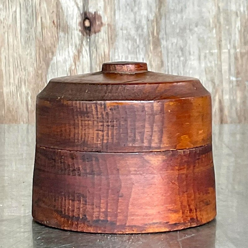 Vintage Boho Round Lidded Wood Box - Detail view