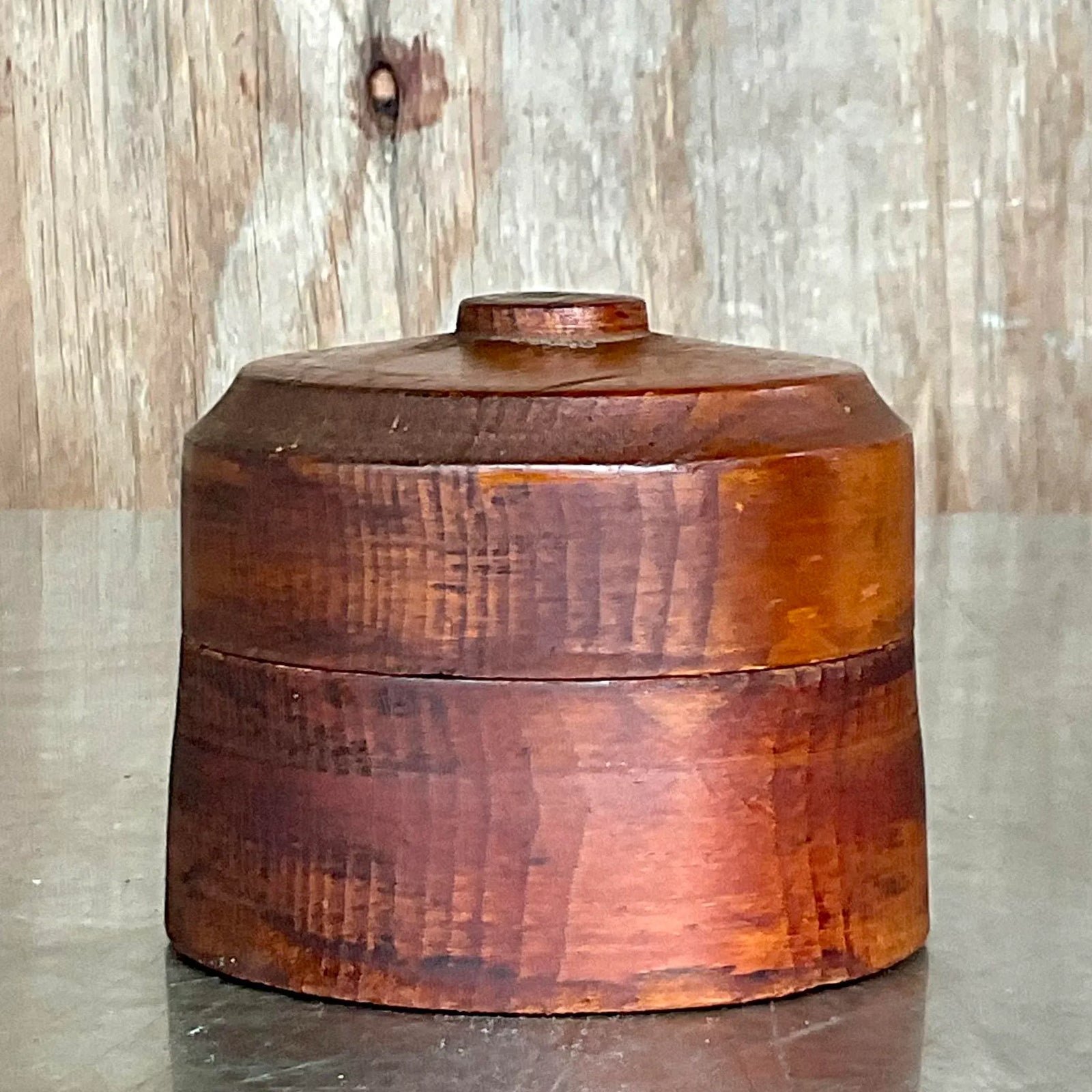 Vintage Boho Round Lidded Wood Box - Side view