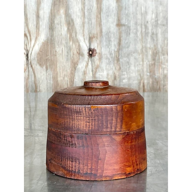 Vintage Boho Round Lidded Wood Box - Back view