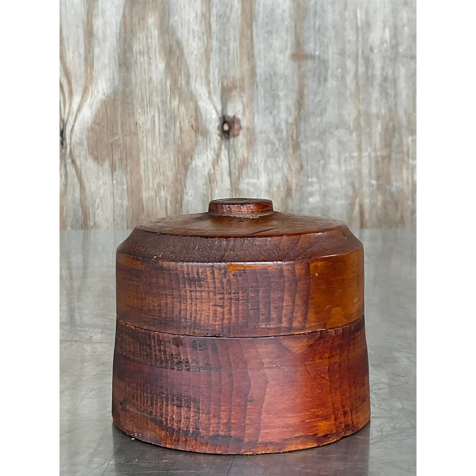 Vintage Boho Round Lidded Wood Box - Top view