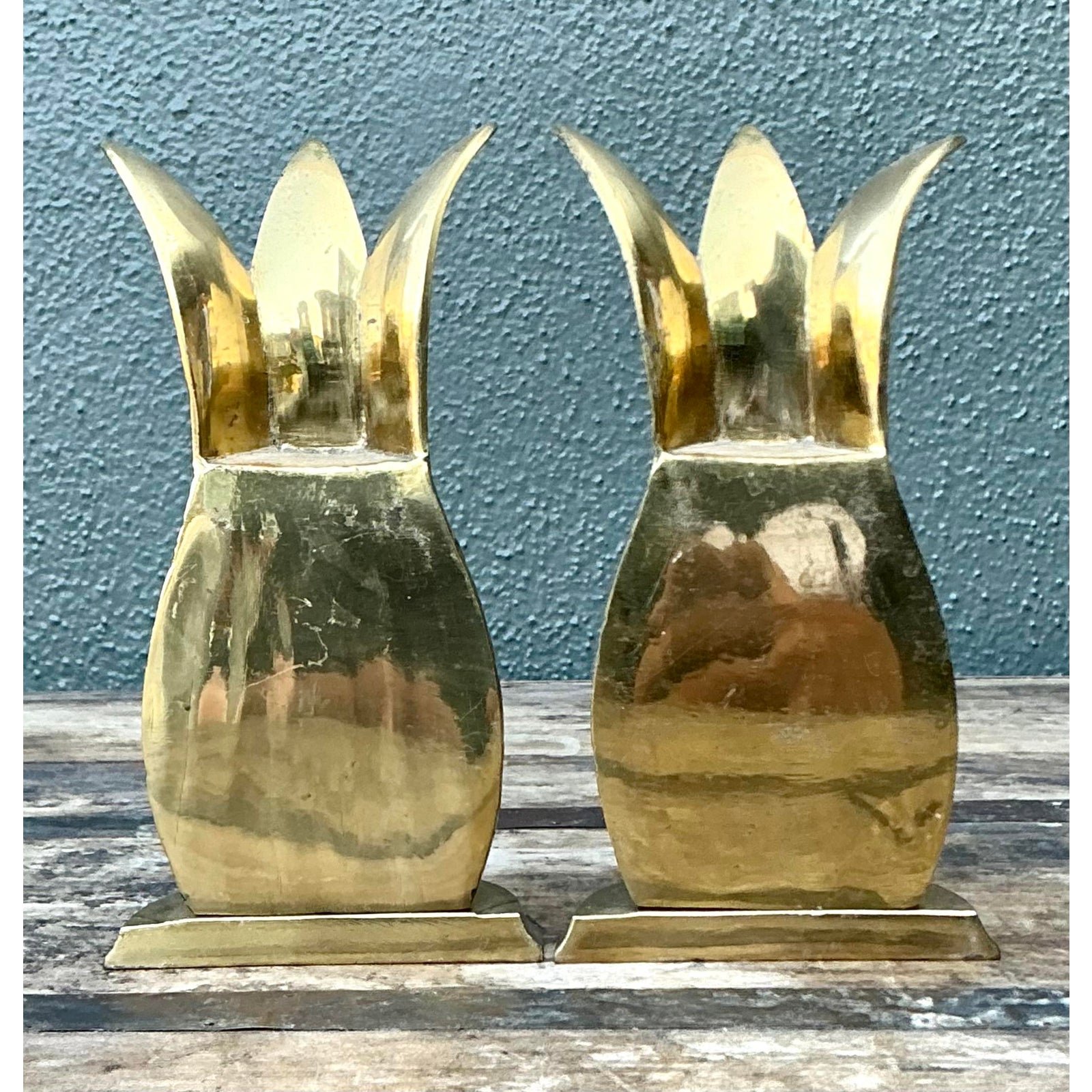 Vintage Polished Brass Pineapple Bookends - Set of 2 - Back view