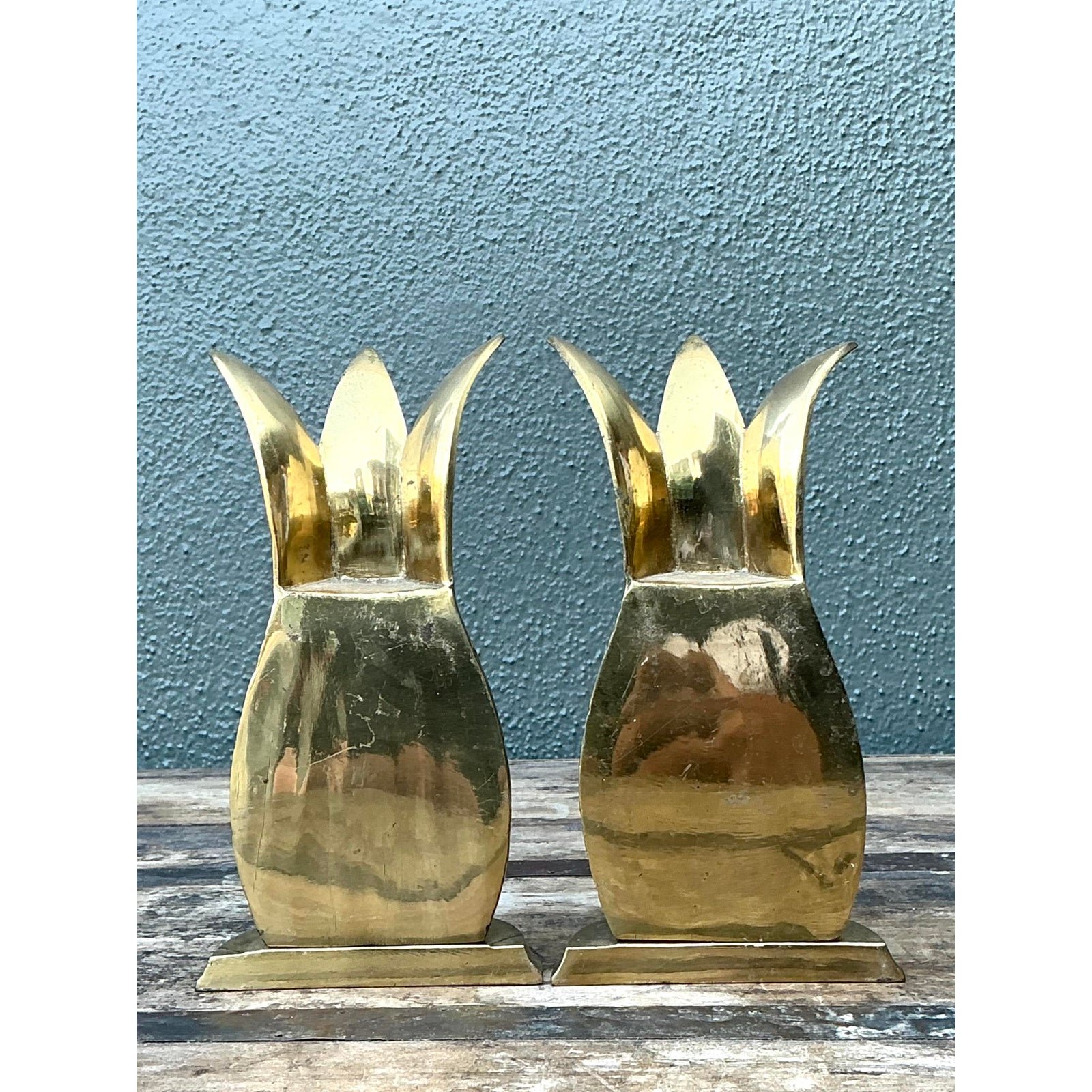 Vintage Polished Brass Pineapple Bookends - Set of 2 - Top view
