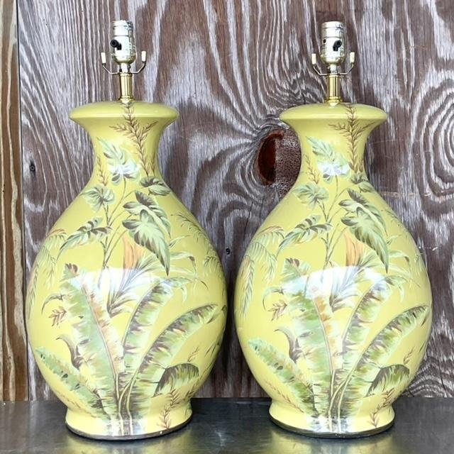 Vintage Coastal Banana Leaf Glazed Ceramic Lamps - a Pair - Detail view