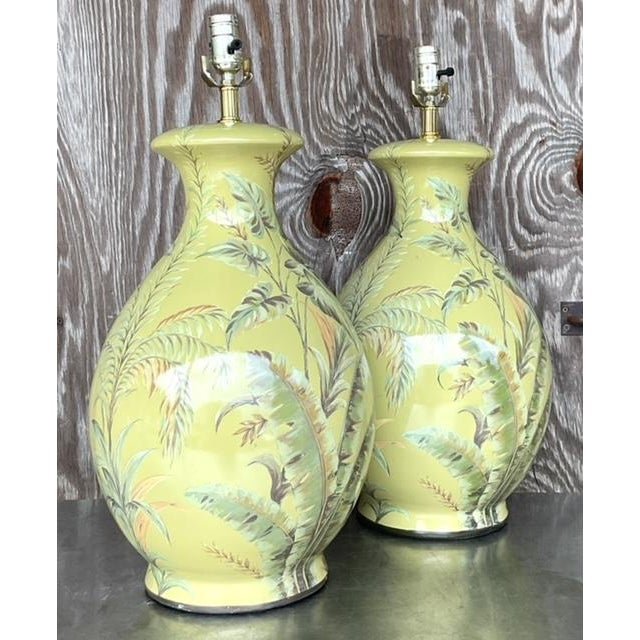 Vintage Coastal Banana Leaf Glazed Ceramic Lamps - a Pair - Side view