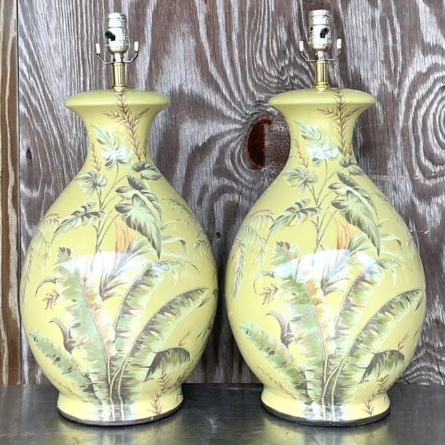 Vintage Coastal Banana Leaf Glazed Ceramic Lamps - a Pair - Back view