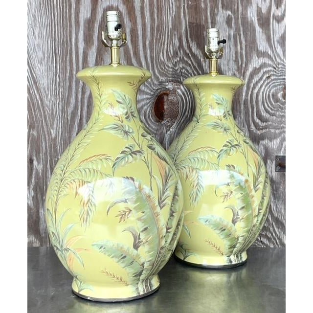 Vintage Coastal Banana Leaf Glazed Ceramic Lamps - a Pair - Top view