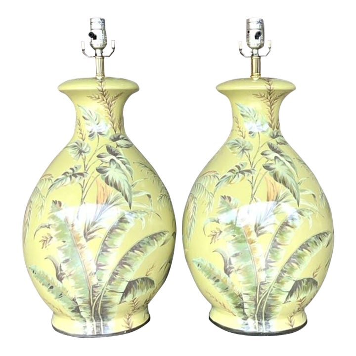 Vintage Coastal Banana Leaf Glazed Ceramic Lamps - a Pair