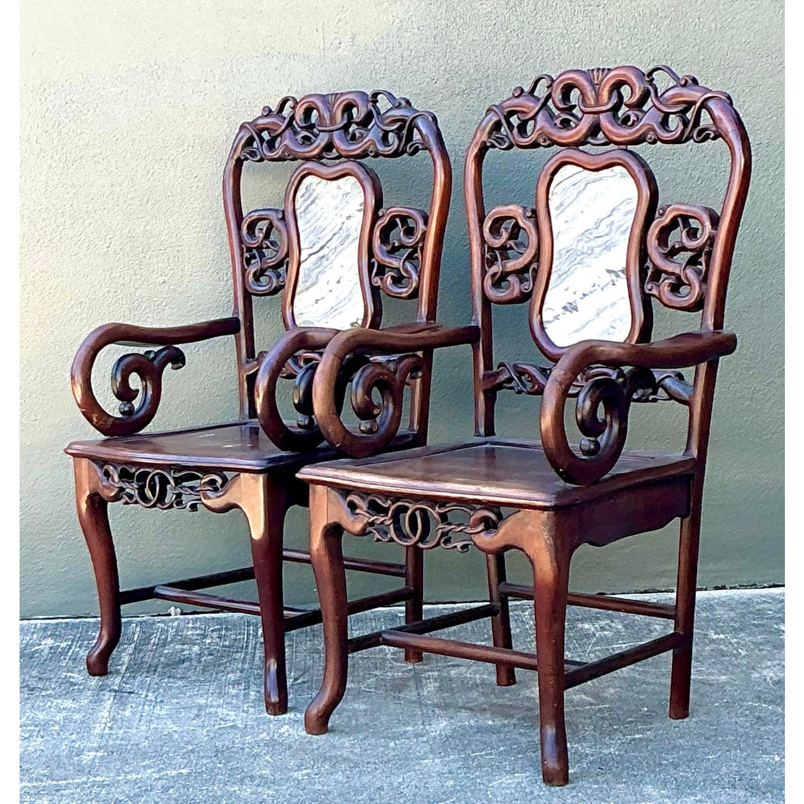 Vintage Asian Carved Hardwood Chairs - A Pair - Side view