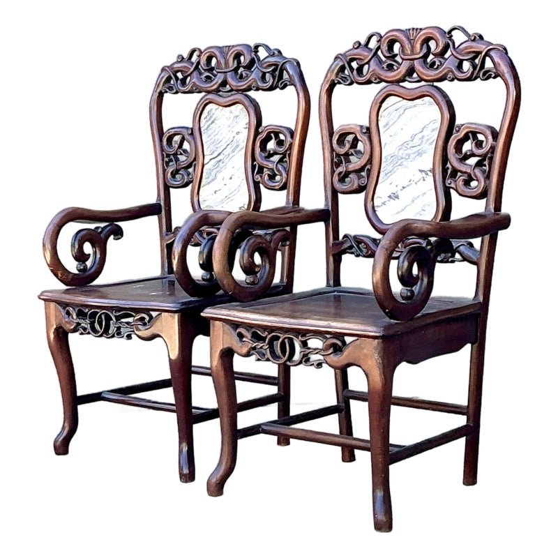 Vintage Asian Carved Hardwood Chairs - A Pair