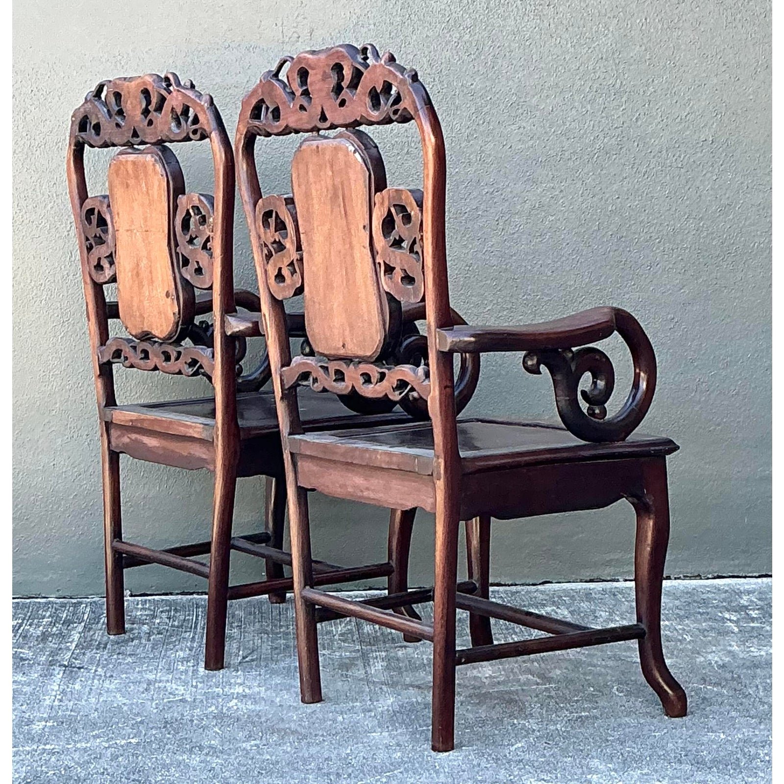 Vintage Asian Carved Hardwood Chairs - A Pair - Back view