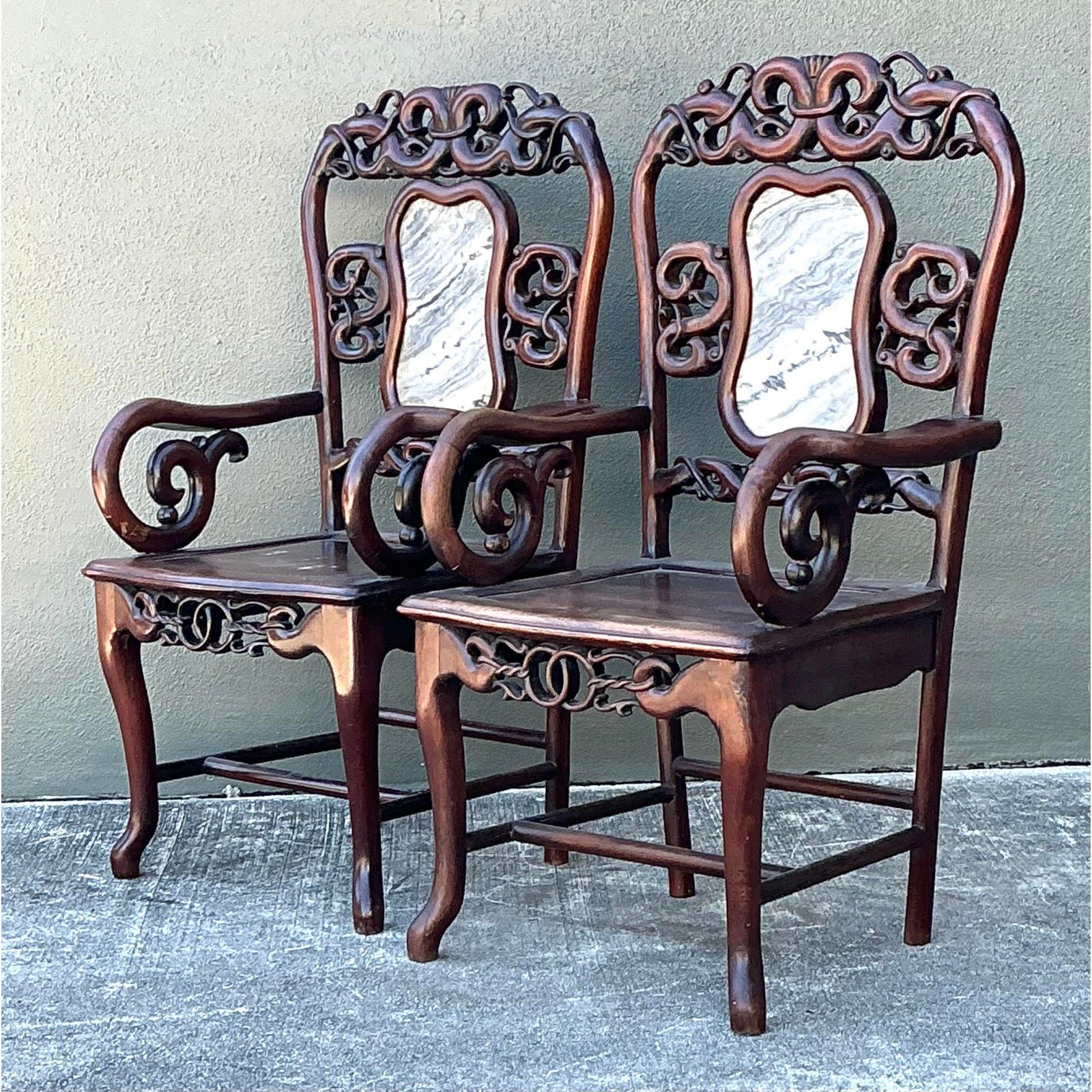 Vintage Asian Carved Hardwood Chairs - A Pair - Detail view