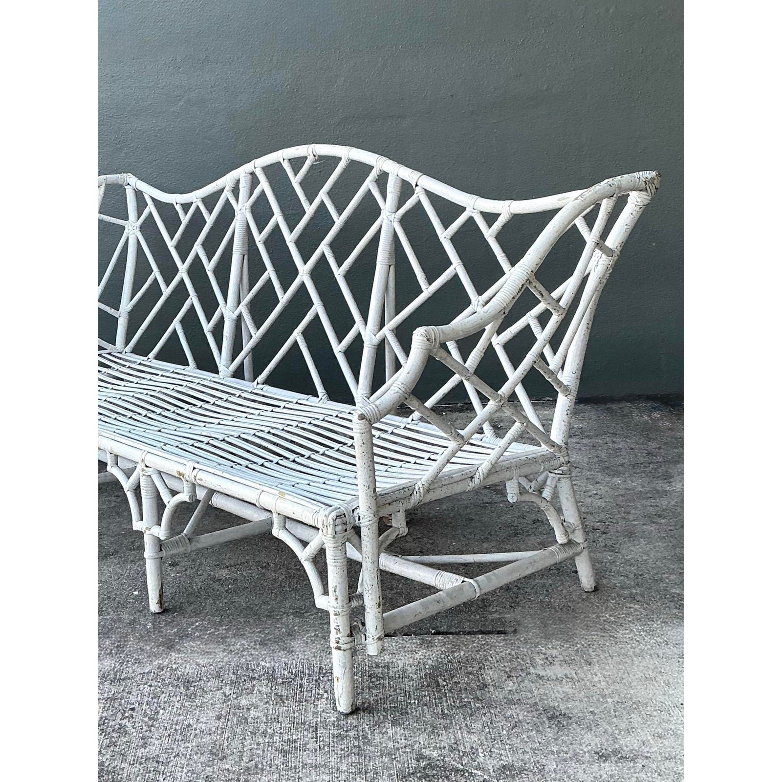 Vintage Chinese Chippendale Camel Back Rattan Sofa - Back view