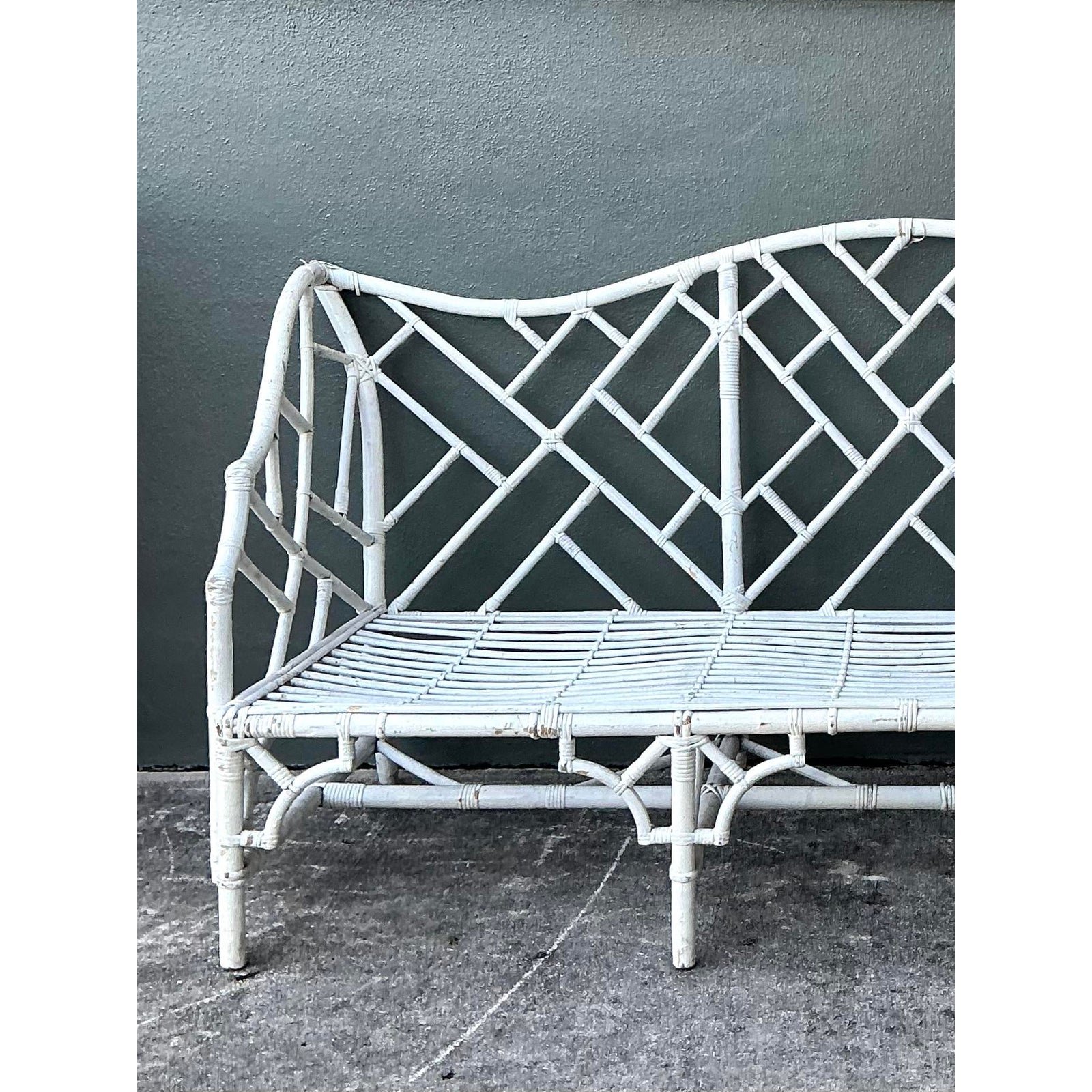 Vintage Chinese Chippendale Camel Back Rattan Sofa - Top view