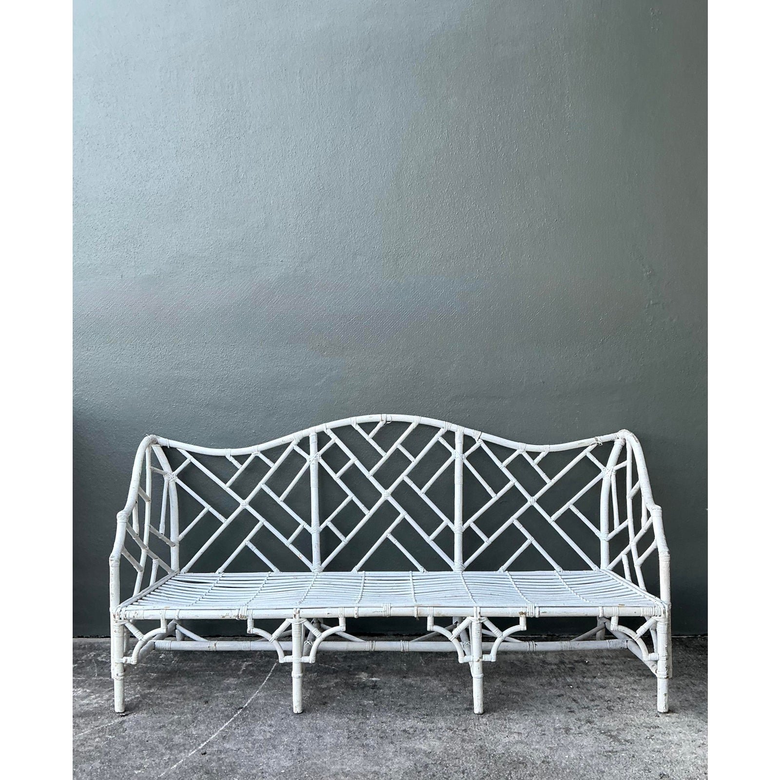 Vintage Chinese Chippendale Camel Back Rattan Sofa - Side view