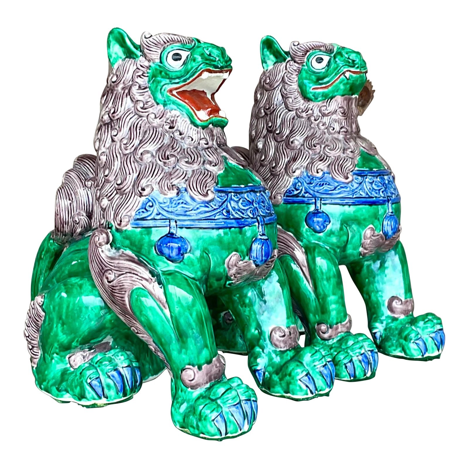 Vintage Asian Glazed Ceramic Foo Dogs - a Pair