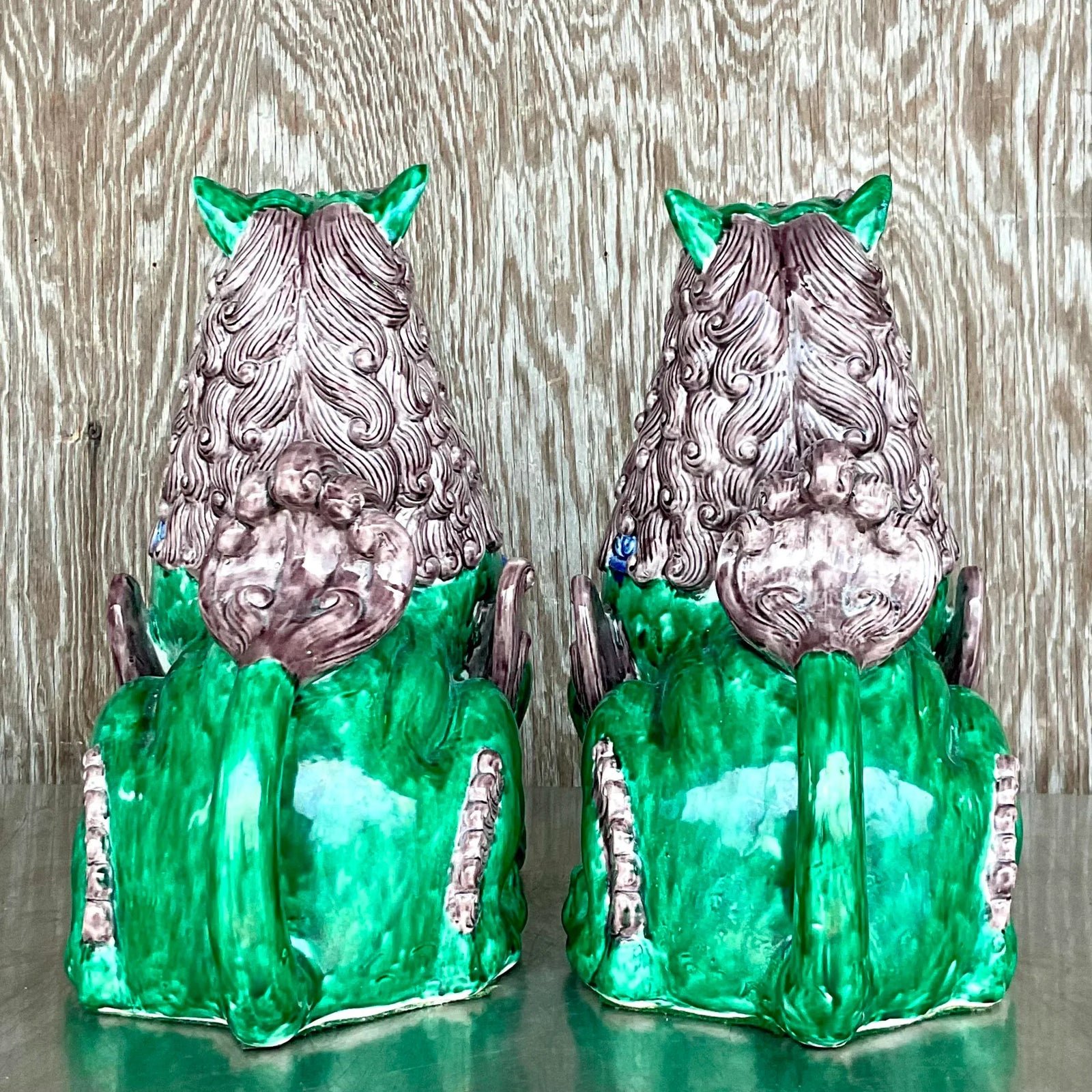 Vintage Asian Glazed Ceramic Foo Dogs - a Pair - Side view