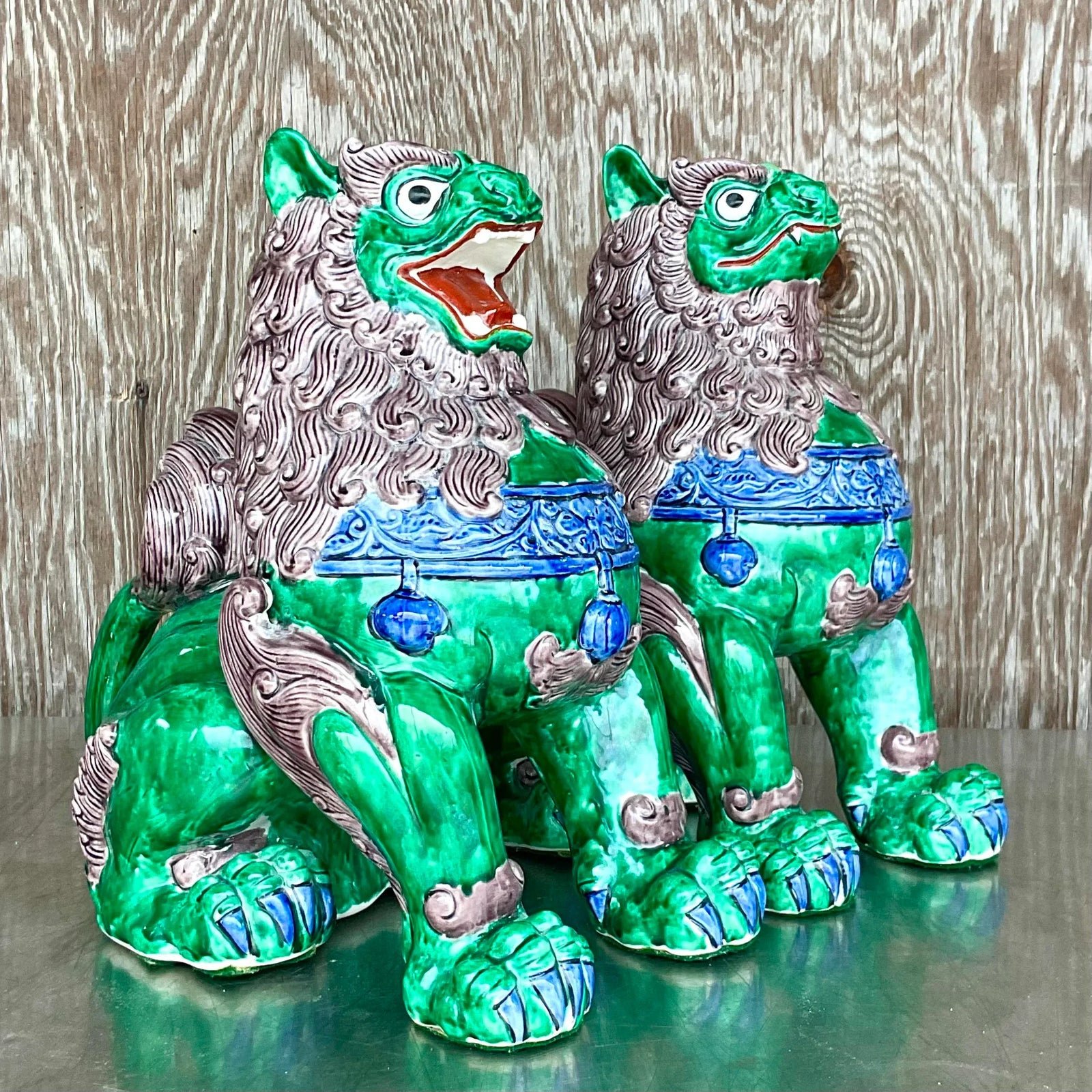 Vintage Asian Glazed Ceramic Foo Dogs - a Pair - Detail view