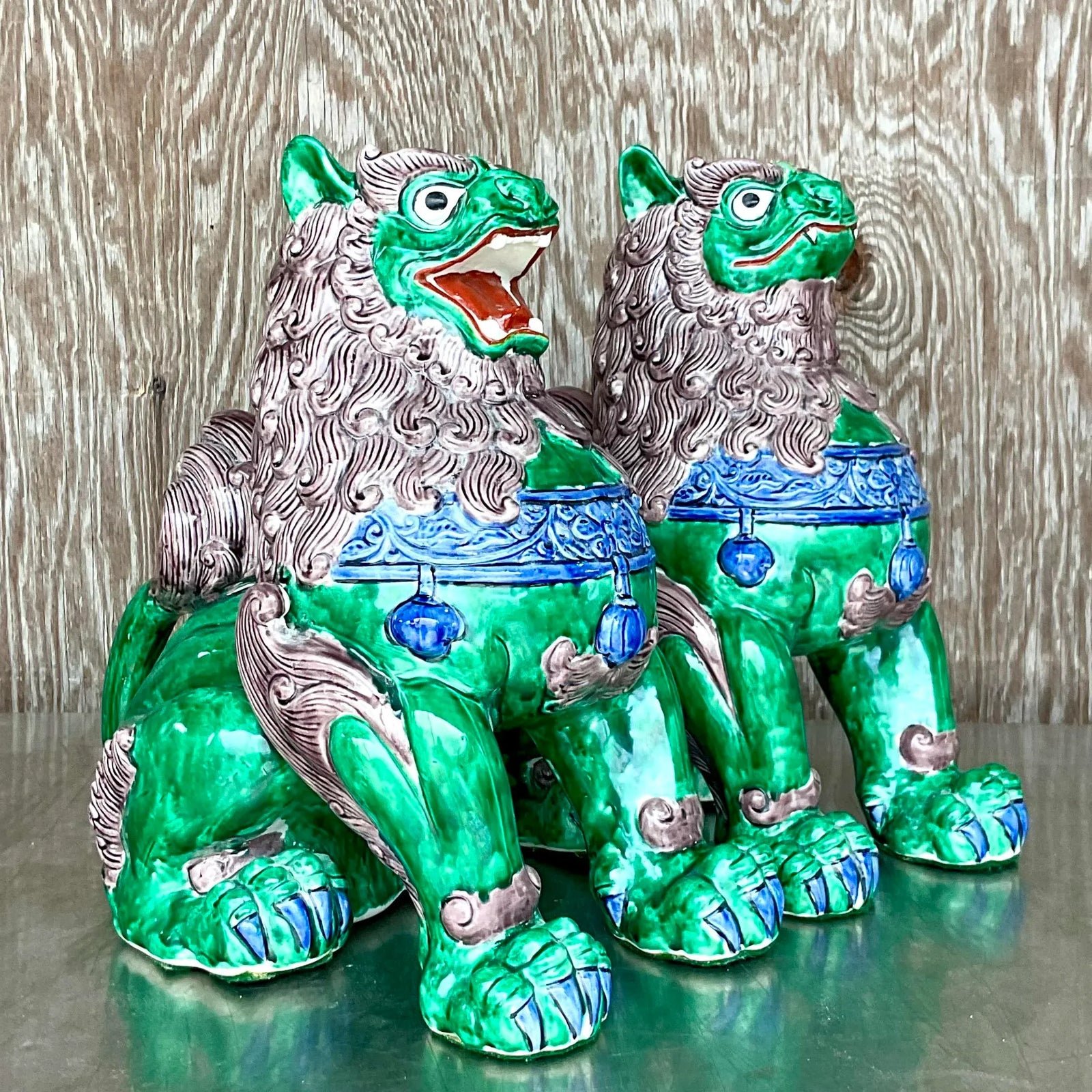 Vintage Asian Glazed Ceramic Foo Dogs - a Pair - Back view