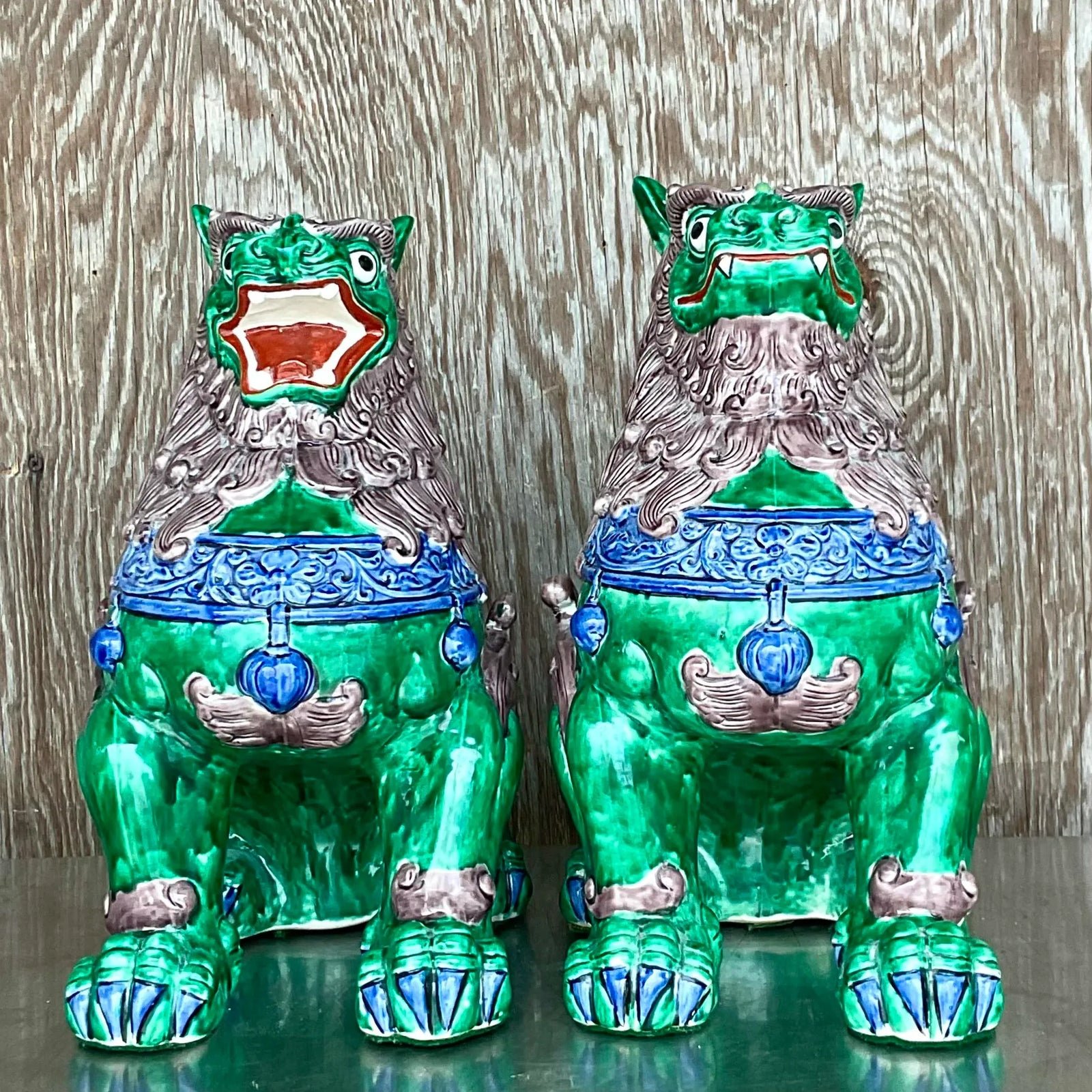 Vintage Asian Glazed Ceramic Foo Dogs - a Pair - Top view