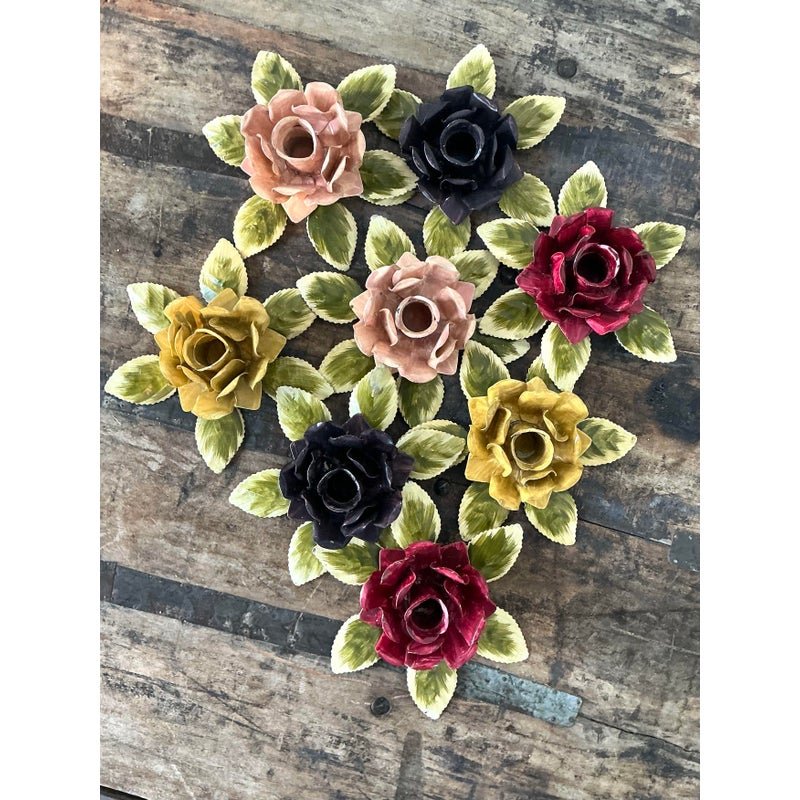 Vintage Hand Painted Tole Roses Candle Holders - Set of 8 - Detail view