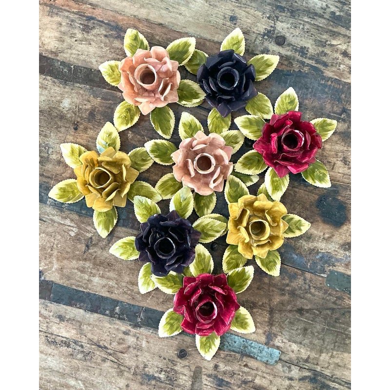 Vintage Hand Painted Tole Roses Candle Holders - Set of 8 - Side view